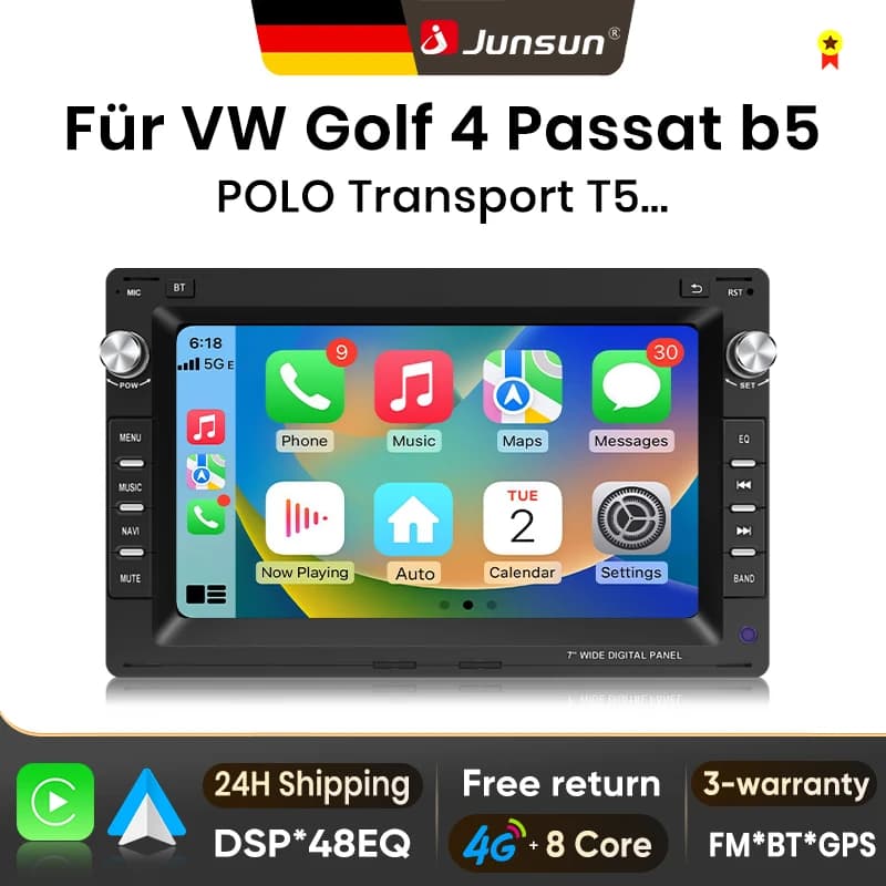 Junsun 7" Android Car Radio for Vw Volkswagen Passat B5 Mk4 Mk5 Golf 4 Polo Bora Jetta T5 Wireless for Apple Carplay Auto Ips Screen Stereo Multimedia Video Player Automotive Smart Intelligent Systems 2 Din Autoradio Head Unit Bt Gps Fm Dsp Rds Swc Dab+
