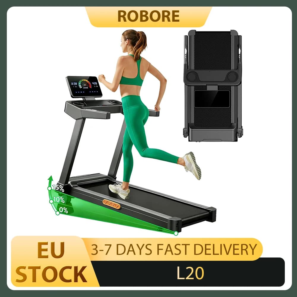 ROBORE L20 Treadmill 15% Adjustable Incline 3.5HP Brushless Motor 14km/h Speed 180kg Max Load LED Display & Heart Rate Handrails