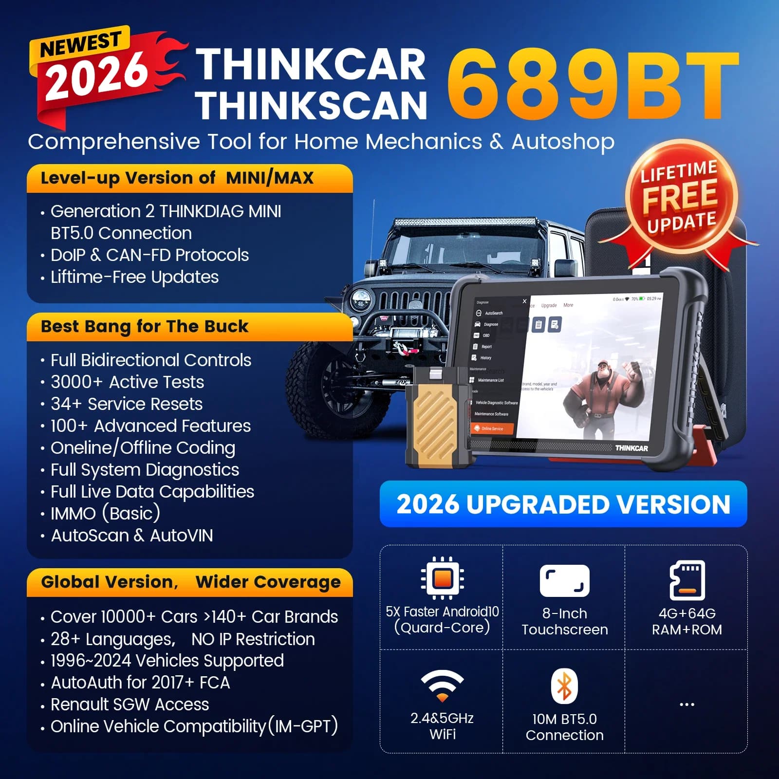 THINKCAR THINKSCAN 689BT IMMO Key Programming Automotive Diagnostic Tool CANFD DOIP Bi-directional ECU Coding Free Obd2 Scanner