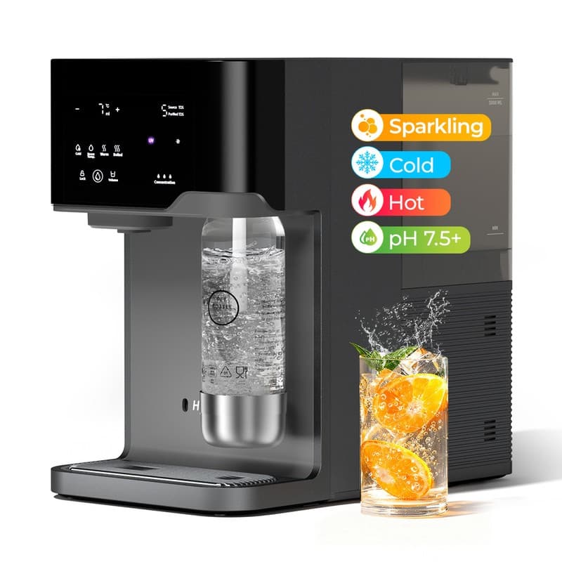 Hydrofast C300 RO Countertop Water Purifier, Iced & Sparkling Water Dispenser, 6-Stage Filtration with UV Sterilization, 5L Raw Tank & 1.5L Pure Tank, Adjustable Temperature & Volume, Smart TDS Display