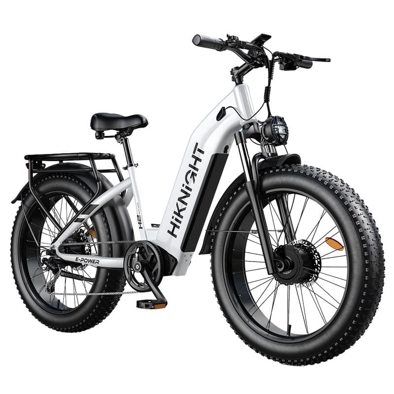 HIKNIGHT H2 PRO Electric Bike, 3000W Peak Dual Motors, 61km/h Max Speed, 145km Range, 52V 20Ah Removable Battery, 35° Climbing Ability, 26"×4.0" Fat Tires, Dual Hydraulic Disc Brakes, Full Suspension, Shimano 7-Speed, 150kg Load Capacity - White